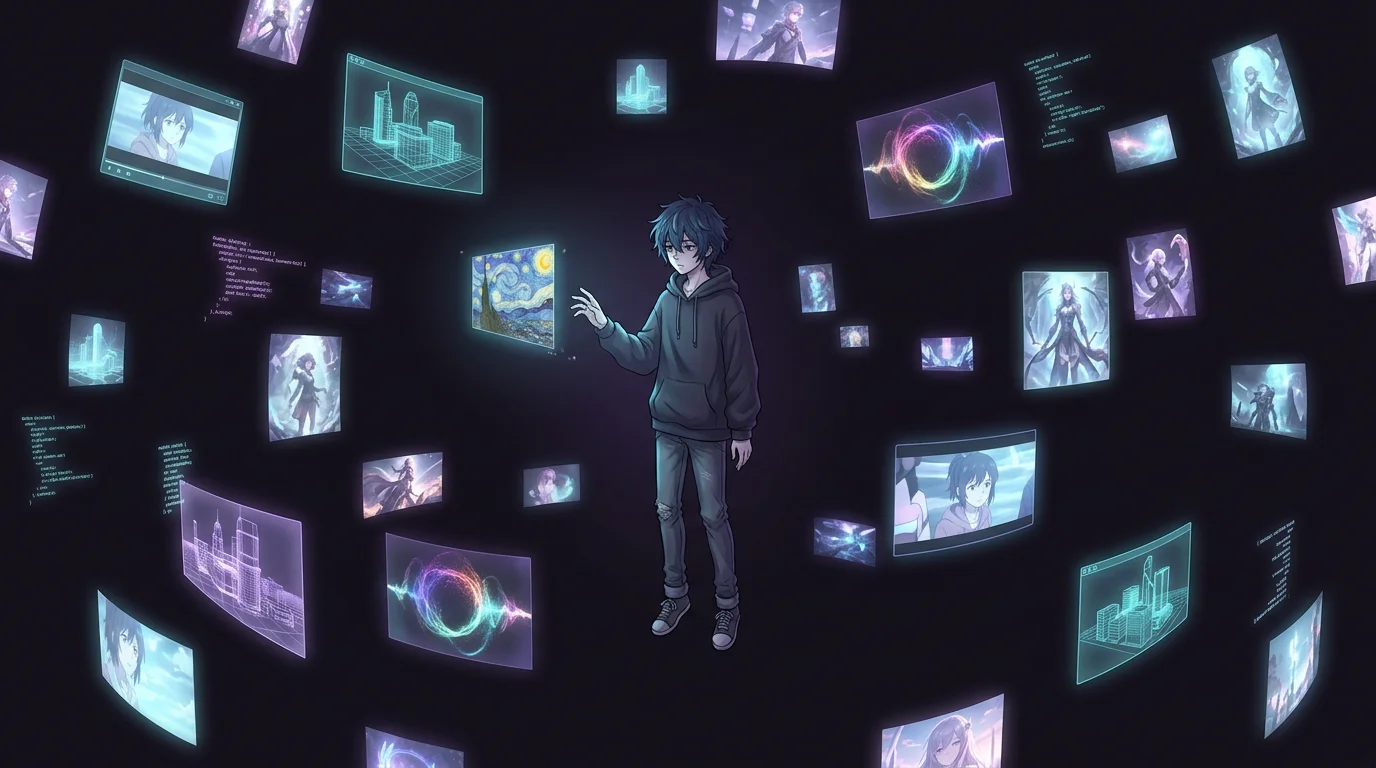 Spectacular AI-generated artworks and video clips drift untethered through empty space — beautiful, orphaned, with no walls or ground to belong to