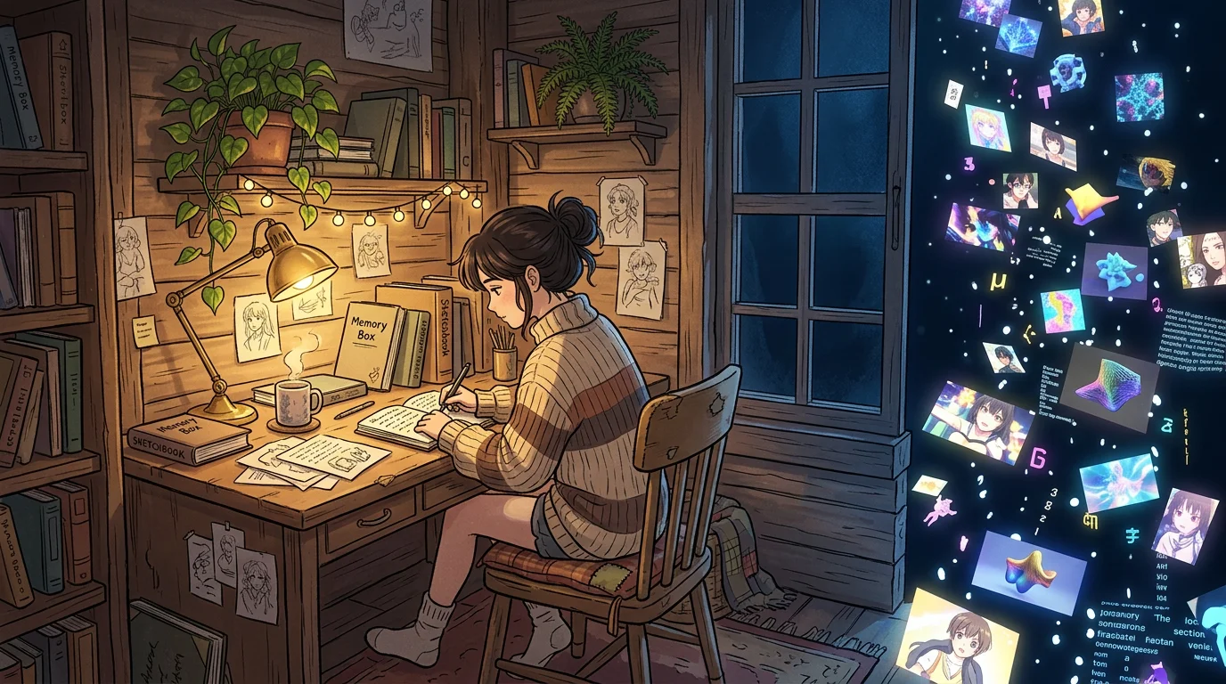 A figure tends a small, warm, lived-in space — imperfect walls, a glowing lamp, persistent objects with history — while outside, dazzling generated content drifts past like snow