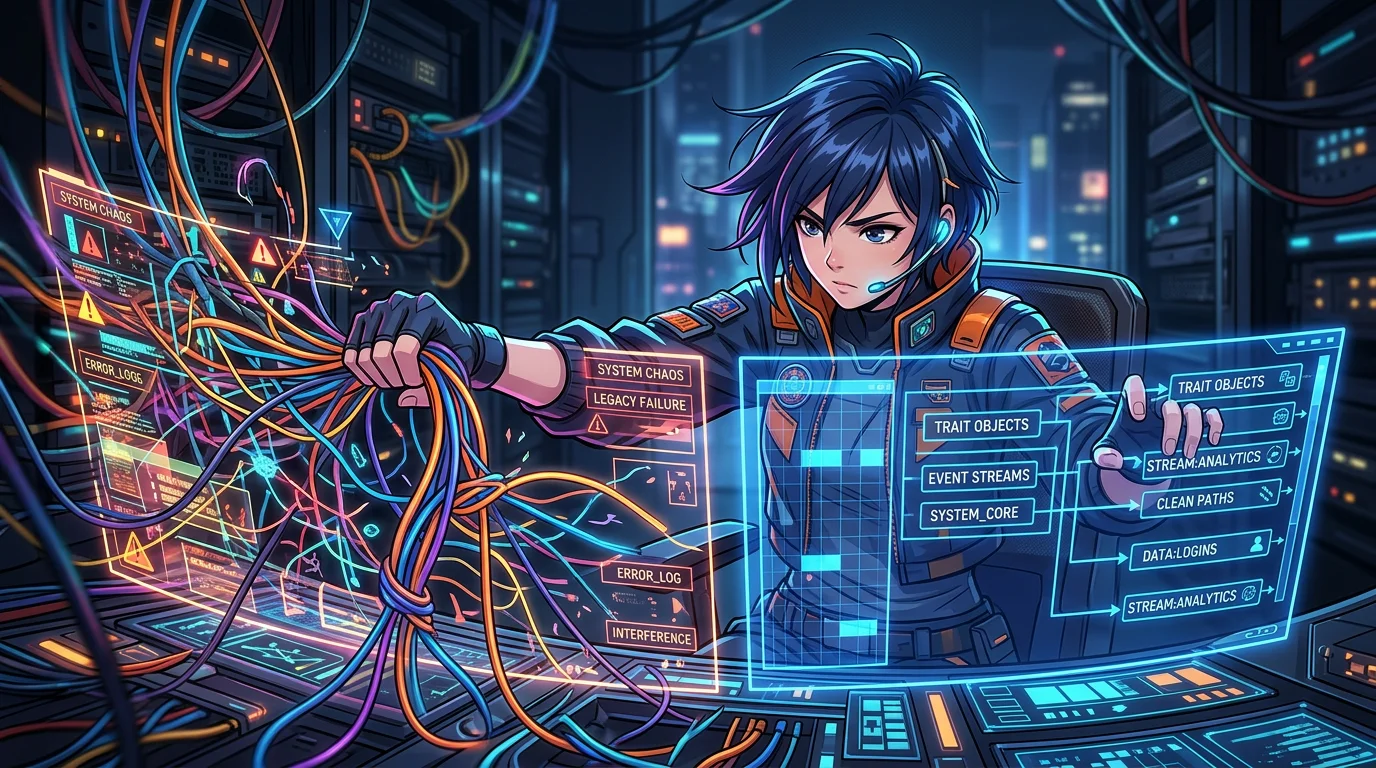 A character at a futuristic workspace reorganizing tangled connections into clean paths