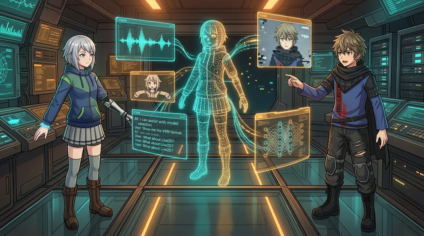 Characters in a holographic control room with a swappable avatar figure cycling through forms