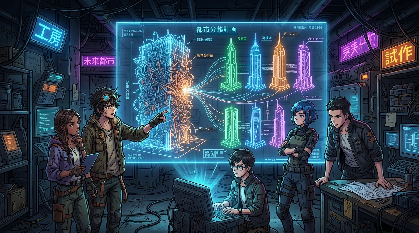 Characters examining a massive tangled architectural blueprint splitting into clean separate buildings