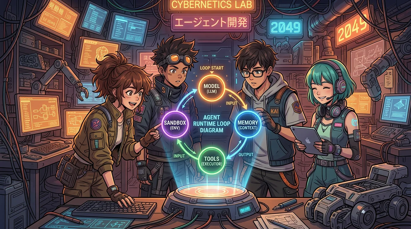 Adventurers gathered around a glowing holographic terminal in a cyberpunk workshop