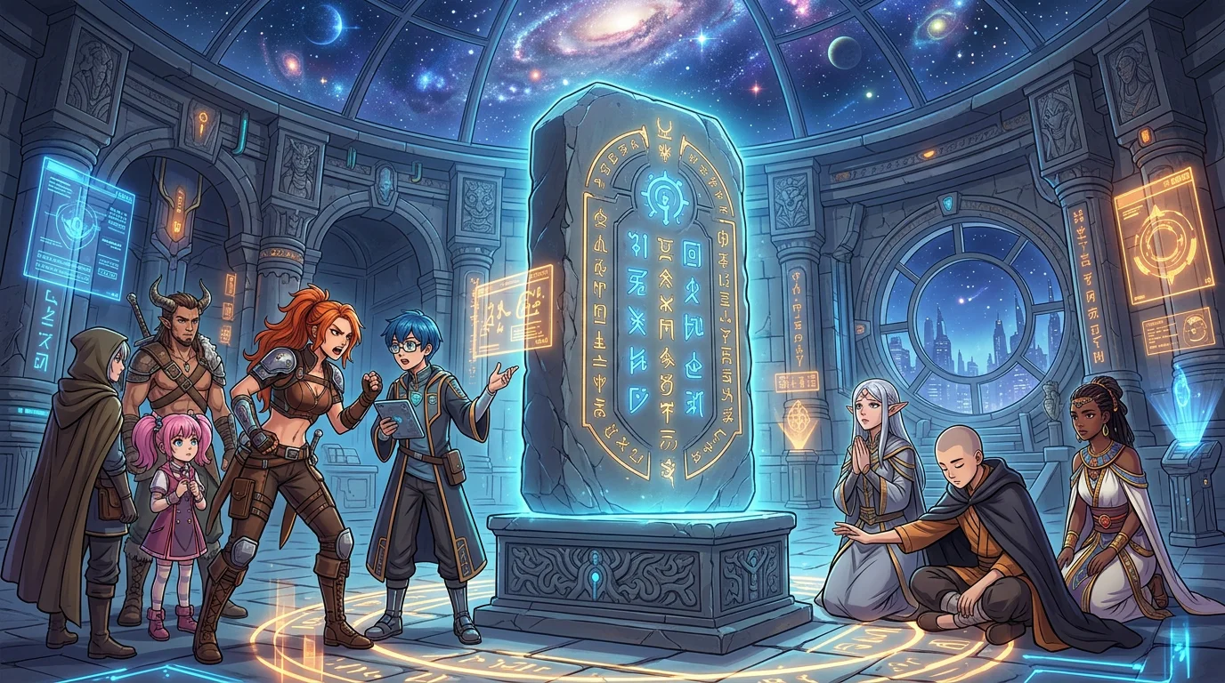 Characters gathered around a glowing tablet in a sci-fi temple, some kneeling, others debating
