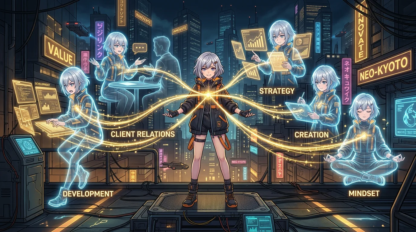 A figure surrounded by translucent copies of herself — one at a terminal, one in conversation, one reviewing a document — with golden threads flowing back to the center