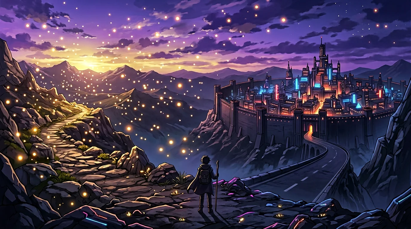 A forking path in a neon landscape — one way leads to a bright constellation of scattered lights, the other descends into a walled fortress city where all lights are captured inside