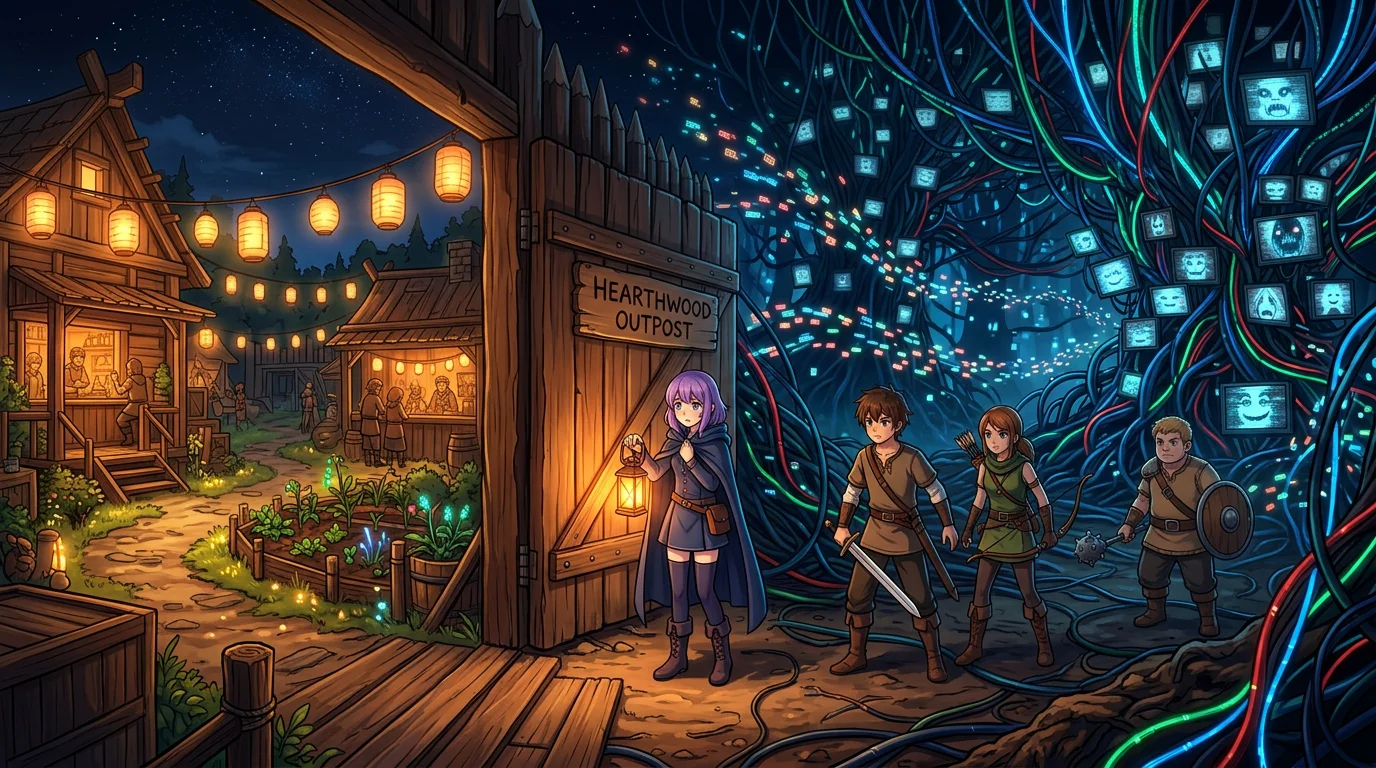 Adventurers peer out from a warmly-lit settlement into a vast dark forest of tangled cables and glowing data swarms