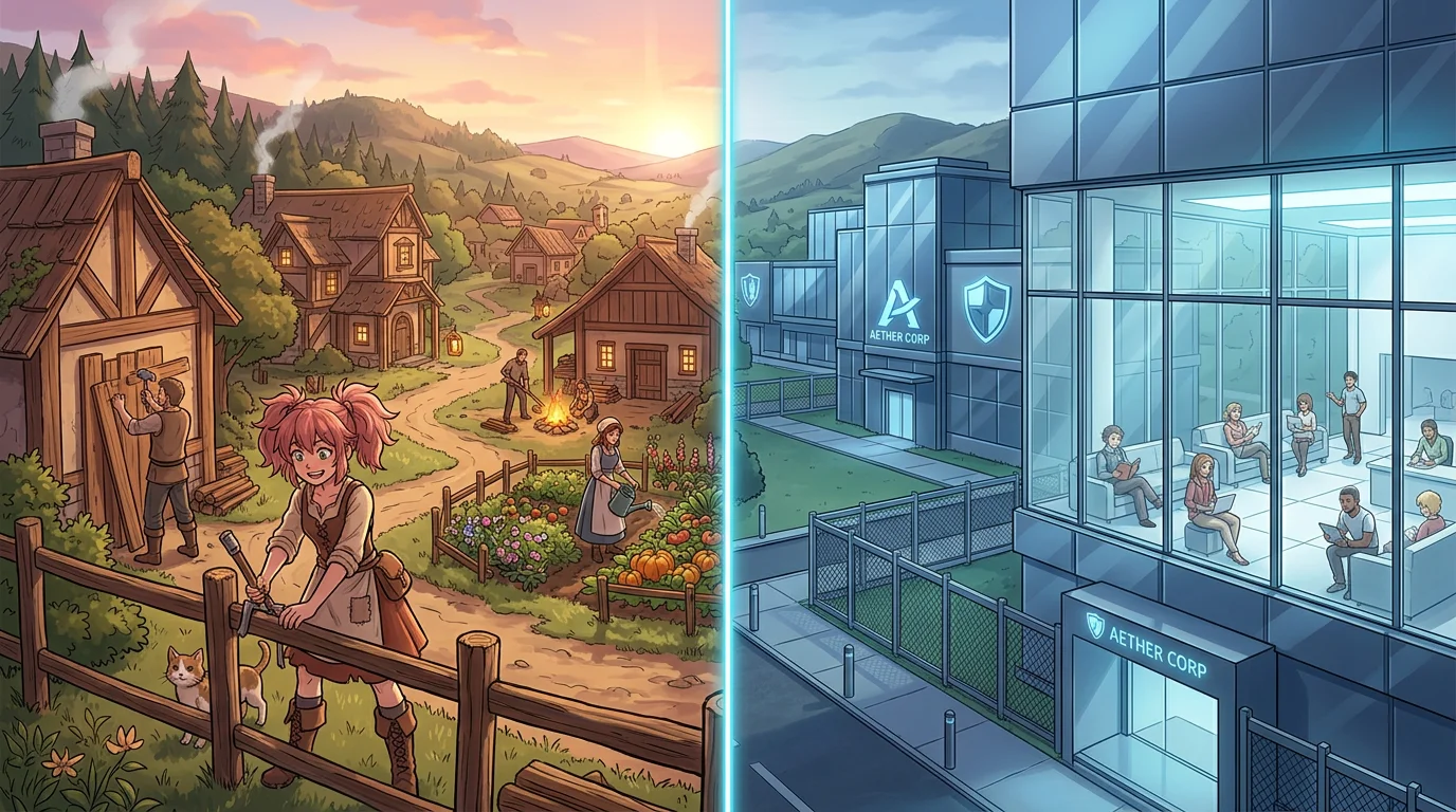Split view — a cozy village with hand-tended walls on one side, a sleek corporate settlement with inward-facing windows on the other