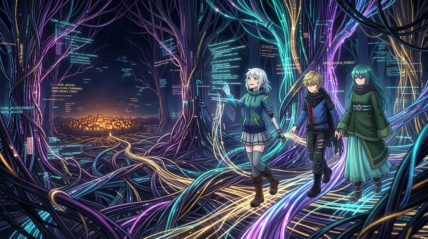 Adventurer characters move confidently through a vibrant dark digital forest of tangled glowing cables and data streams — the forest is alive with colorful signal, not threatening