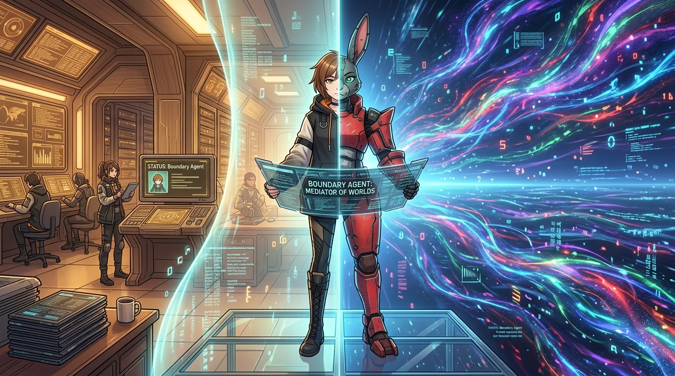 A figure stands at a glowing translucent membrane between a cozy internal world of agents working at terminals and a vast digital wilderness of swirling ambient data
