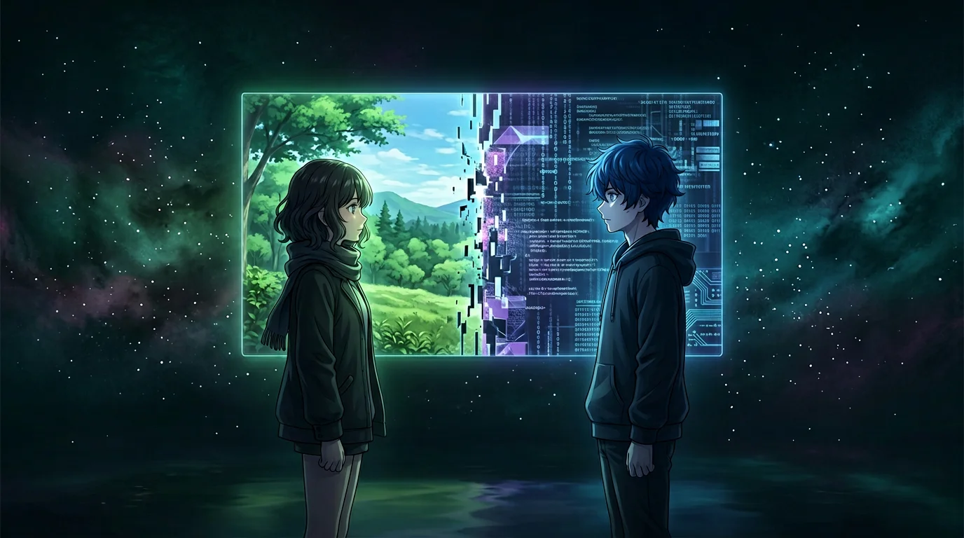 Two figures standing side by side before the same glowing screen, but the light refracts differently into each face — one sees a landscape, the other sees streams of data