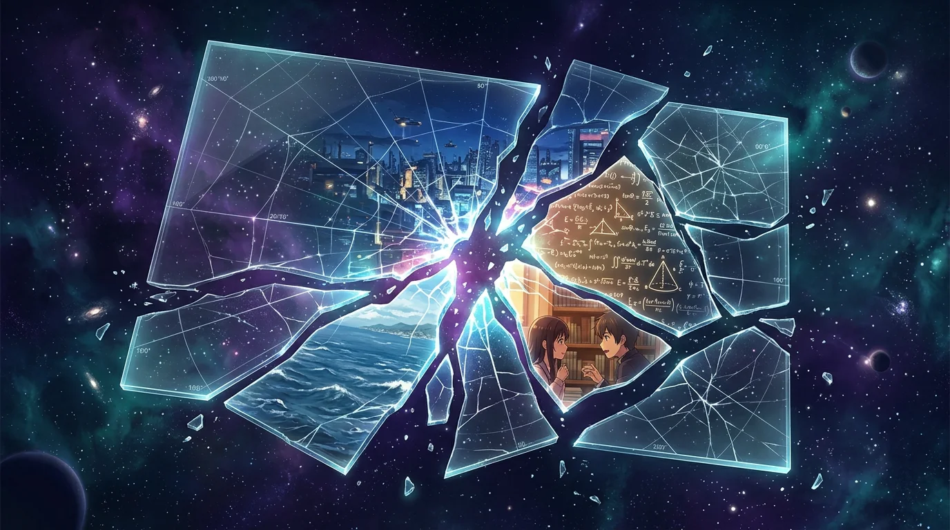 A translucent glass pane floating in space, cracking down the middle, with different realities bleeding through each fragment — a city, an ocean, mathematics, a conversation
