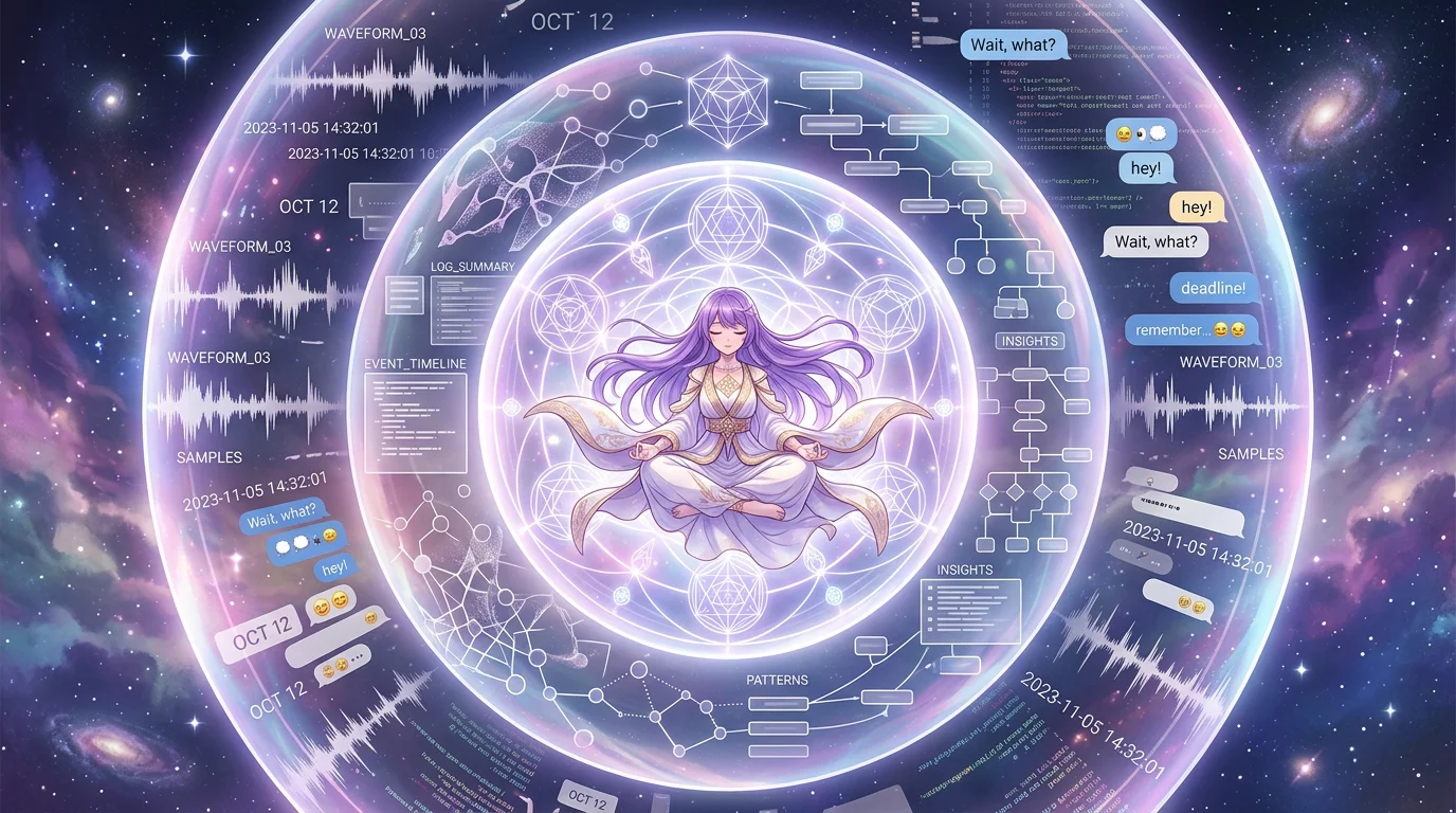 A dreaming figure floats in space, surrounded by concentric layers — chaotic fragments at the outer edge dissolving into luminous abstract patterns at the center