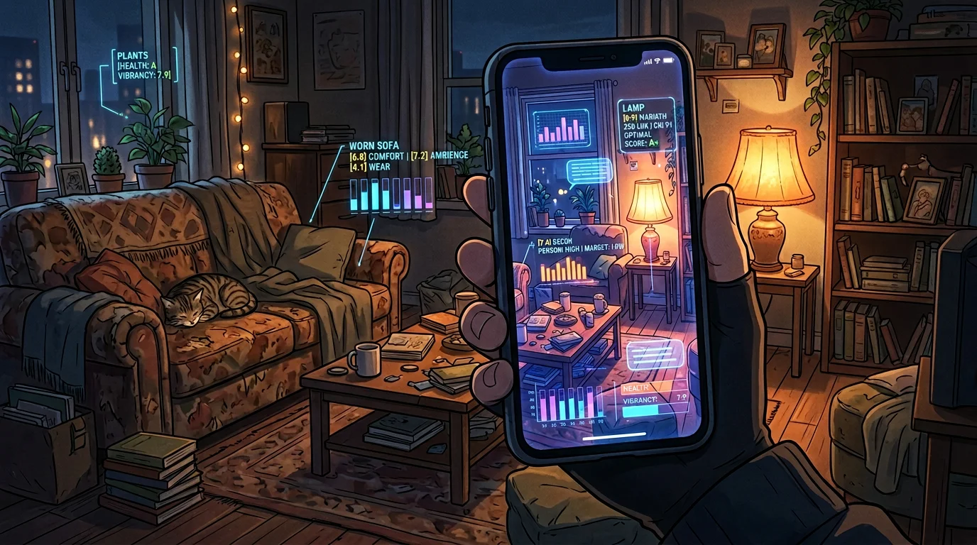A cozy apartment viewed through a phone screen overlaid with holographic AI ratings and scores — furniture scored 6.8, lighting annotated, decor rated with colored bars — while the real space beyond the phone is warm and lived-in
