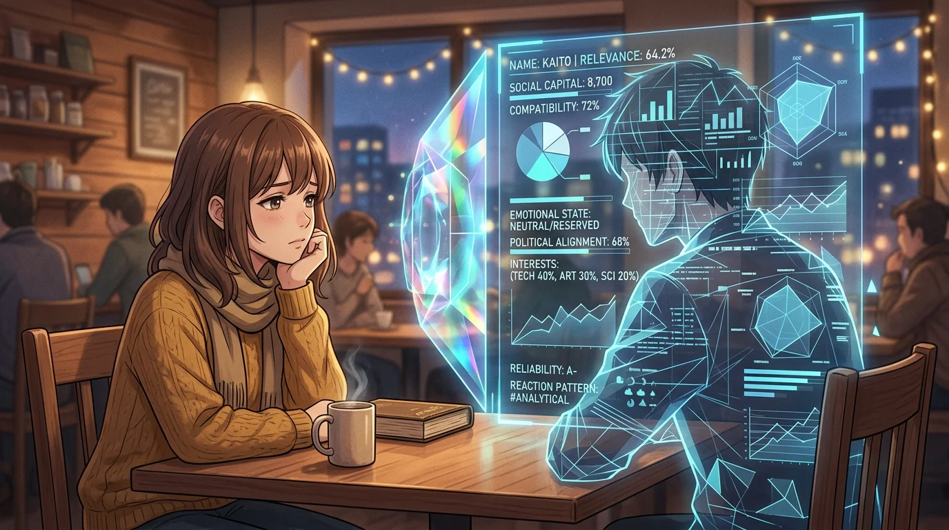 Two figures sit across from each other at a cafe, but between them a translucent prismatic AI lens refracts and distorts how they see each other — one side warm and natural, the other flattened into data