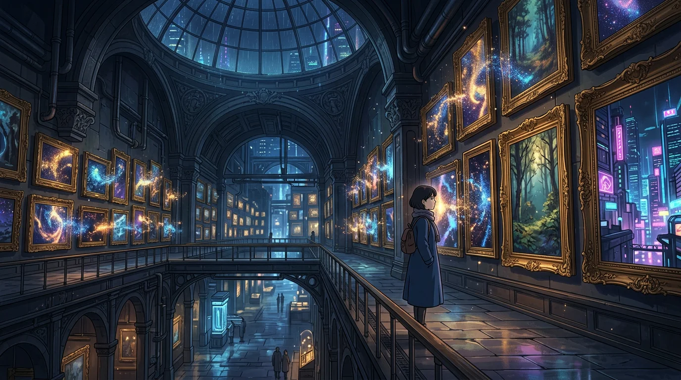 A lone figure stands in a vast gallery where the framed artworks are dissolving into light particles, reforming as new images in real time — the frames remain solid while the contents shift like liquid
