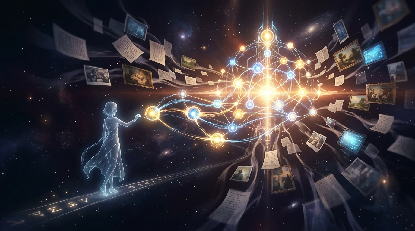 A translucent figure reaches toward a luminous, complex structure of interconnected nodes and flowing data streams — the nodes are vivid and permanent while shadowy copies of documents, images, and screens radiate outward from it like afterimages, fading as they travel