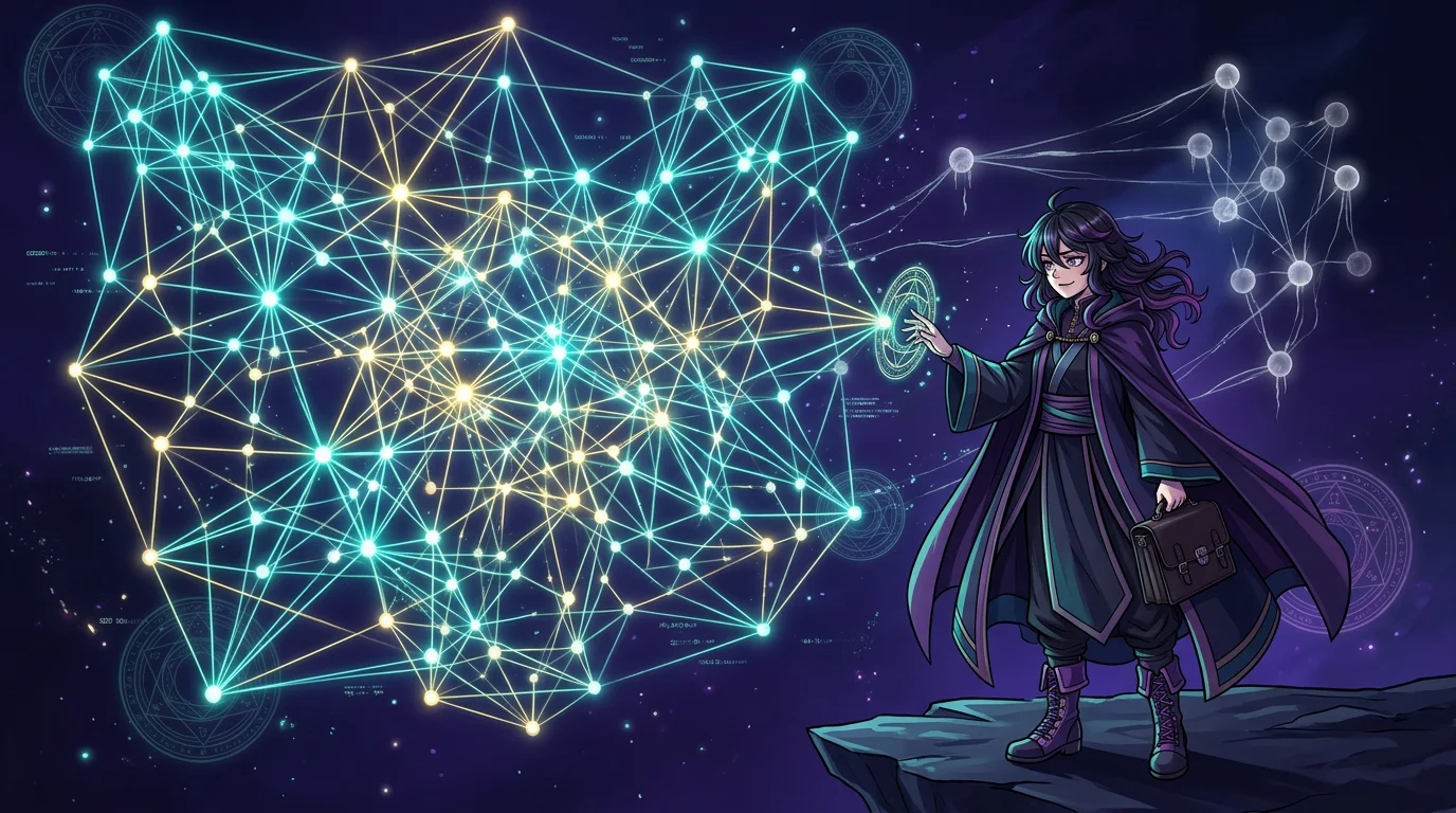 A witch studies a glowing network graph in a void