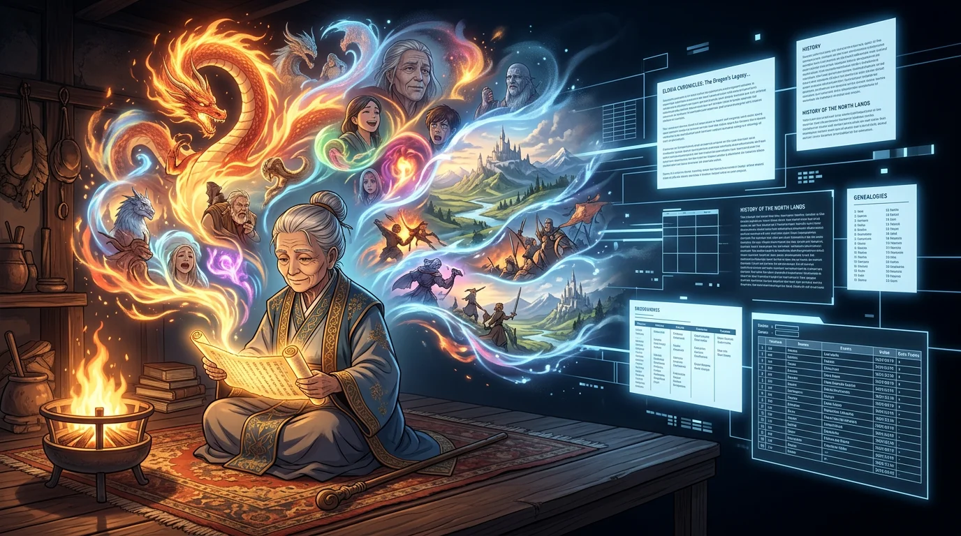 An elder storyteller surrounded by vivid swirling imagery that dissolves on one side into clean structured text — the transition from rich oral culture to formatted data, beautiful but visibly thinner