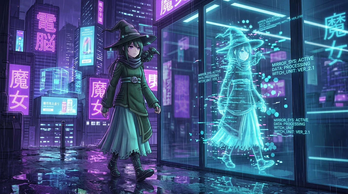 A figure walks through a neon cityscape while a translucent digital double mirrors their movements from behind glass