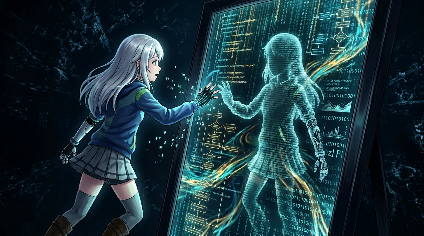 A dark mirror reflecting not a face but streams of data and behavioral patterns, with a small figure reaching toward it
